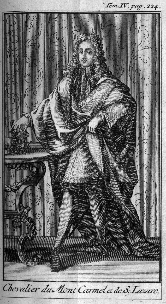 Ridderordener. Ridder af Karmelbjerget og Sankt Lazarus i Frankrig i det 17. århundrede. I "" Historien om militære ordener eller riddere, om de seculiere og regulære militser af begge køn, som er blevet etableret indtil nu. Udgave taget fra Abbe Giust af Unknown artist