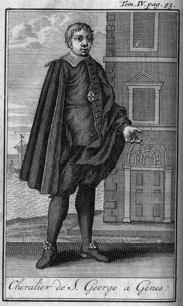 Ridderordener. Ridder af Saint George a Genes (Genova italia Italien) I "" Historien om militære ordener eller riddere, om de sikre og rutineprægede militser af begge køn, som er blevet etableret indtil videre. Udgave taget fra Abbe Giustiniani, R.P.Bonani af Unknown artist
