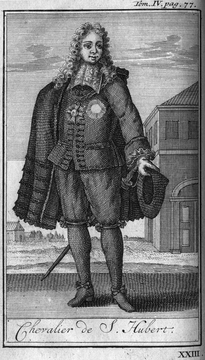 Ridderordener. Ridder af Saint Hubert til hertugen af Juliers i det 15. århundrede I "Historien om militære ordener eller riddere, af de sekulære og regulære militser af begge køn, som er blevet etableret indtil videre. Udgave taget fra Abbe Giustiniani, R af Unknown artist