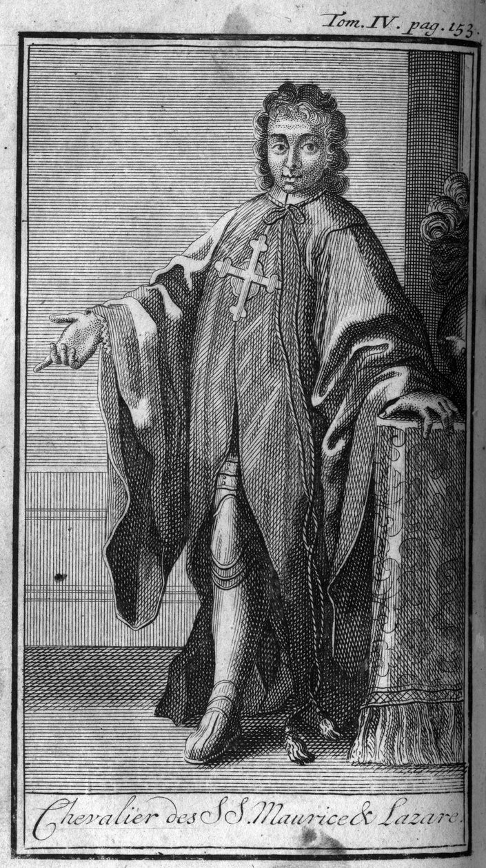 Ridderordener. Ridder af Saint Maurice og Lazarus i Savoyen i det 16. århundrede. I "" Historien om militære ordener eller riddere, af seculieres og regulære militser af begge køn, som er blevet etableret indtil videre. Udgave taget fra Abbe Giustinian af Unknown artist
