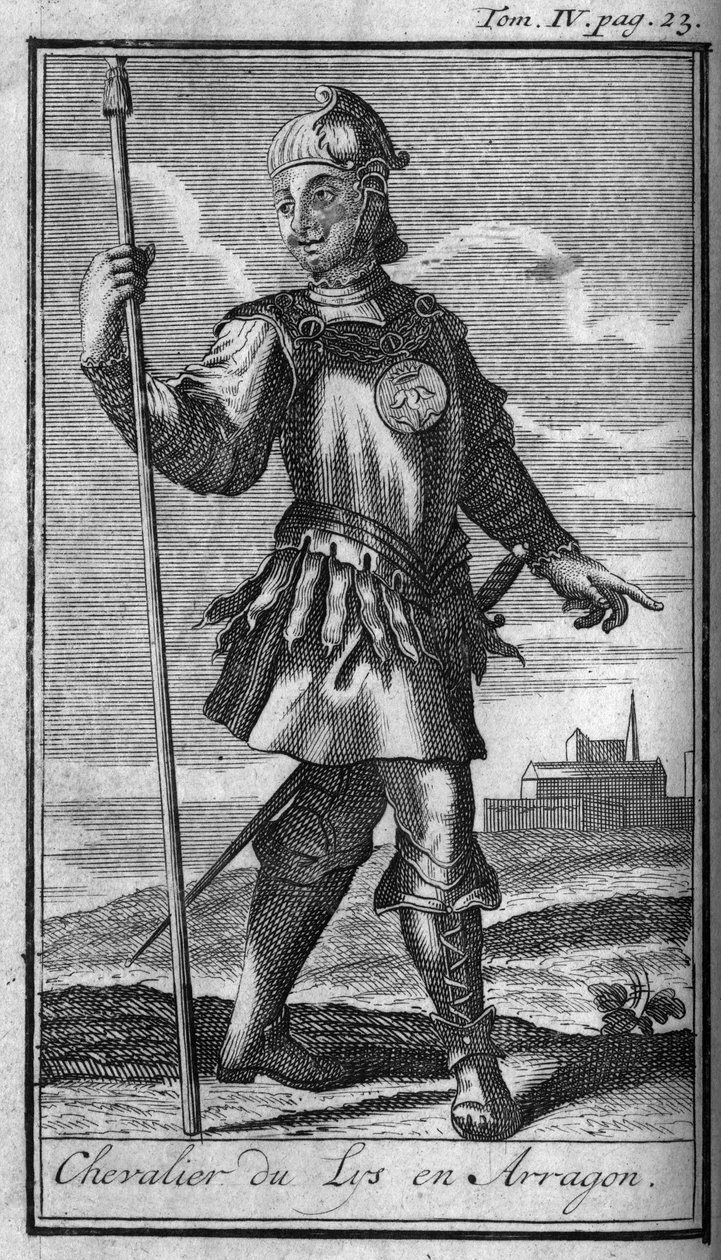Ridderordener. Ridder af Lilyordenen i Arragon i det 15. århundrede I "" Historien om militære ordener eller riddere, af seculieres og regulære militser af begge køn, som er blevet etableret indtil videre. Udgave taget fra Abbe Giustiniani, R.P.Bo af Unknown artist
