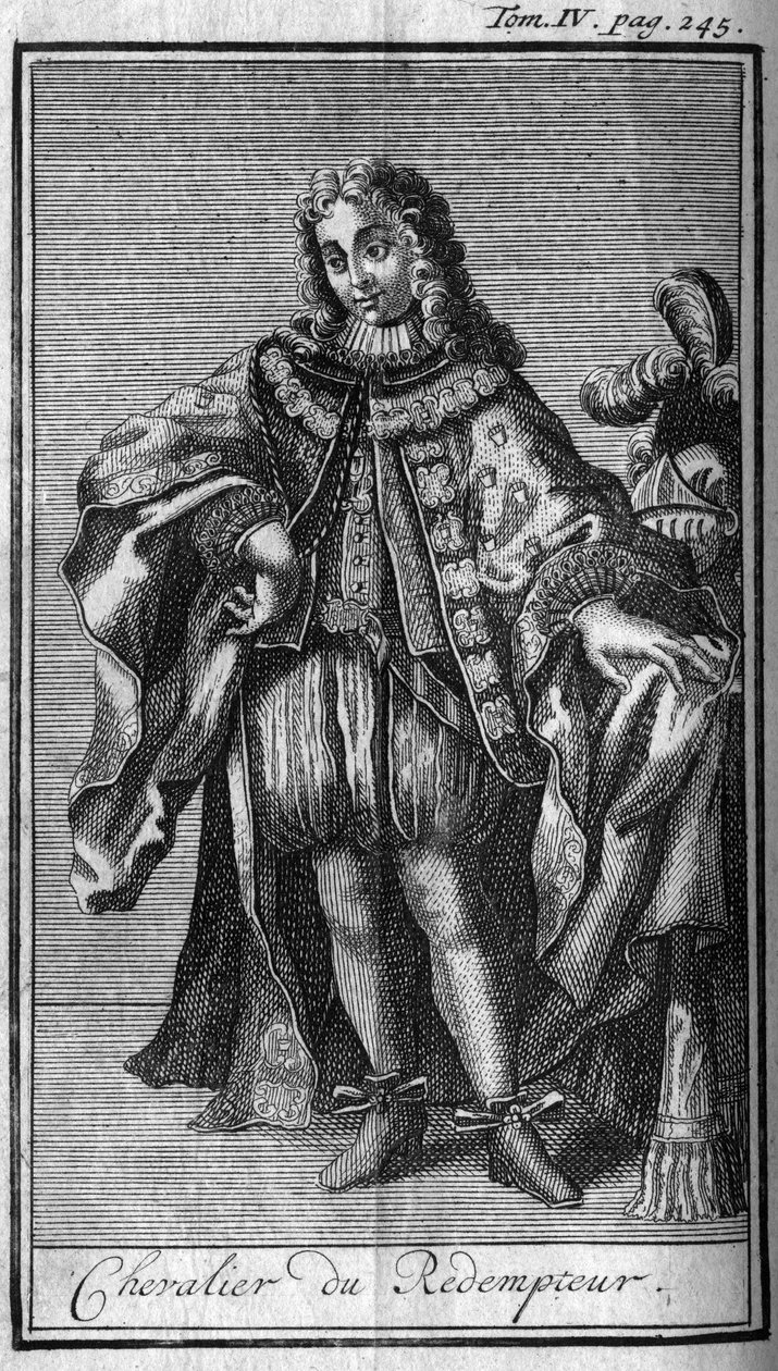 Ridderordener. Ridder af Forløseren eller Jesu dyrebare blod i hertugen af Mantua (Mantova) i det 17. århundrede. I "" Historien om militære ordener eller riddere, om de sikre og rutineprægede militser af begge køn, som er blevet etableret indtil videre af Unknown artist