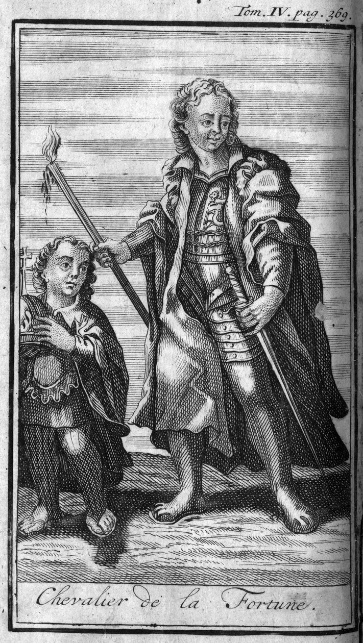 Ordener af Knight. Knight of Fortune i Italien. I "" Historien om militære ordener eller riddere, om de sikre og rutineprægede militser af begge køn, som er blevet etableret indtil videre. Udgave taget fra Abbe Giustiniani, R.P.Bonani, M. Herman, Schoonebe af Unknown artist