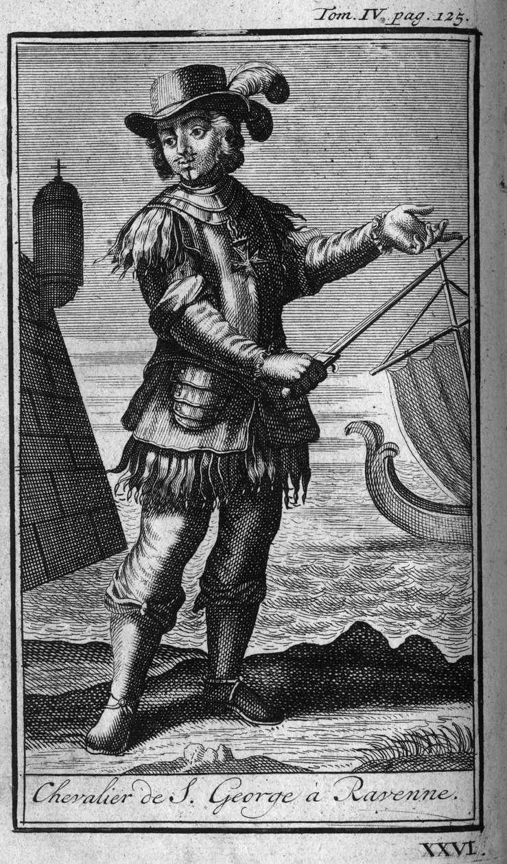 Ordener af Ridder. Ridder af St. George til Ravenna (Ravenna) i Italien i det 16. århundrede. I "" Historien om militære ordener eller riddere, om de sikre og rutineprægede militser af begge køn, som er blevet etableret indtil i dag. Udgave taget fra Abbe  af Unknown artist