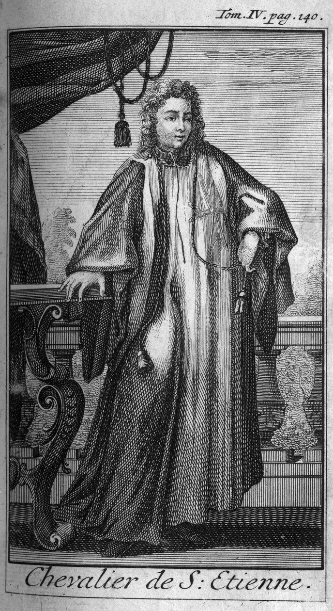Ridderordener. Ridder af St. Stephen i Toscana i det 16. århundrede. I "" Historien om militære ordener eller riddere, om de sikre og rutineprægede militser af begge køn, som er blevet etableret indtil videre. Udgave taget fra Abbe Giustiniani, R.P.Bonani, af Unknown artist