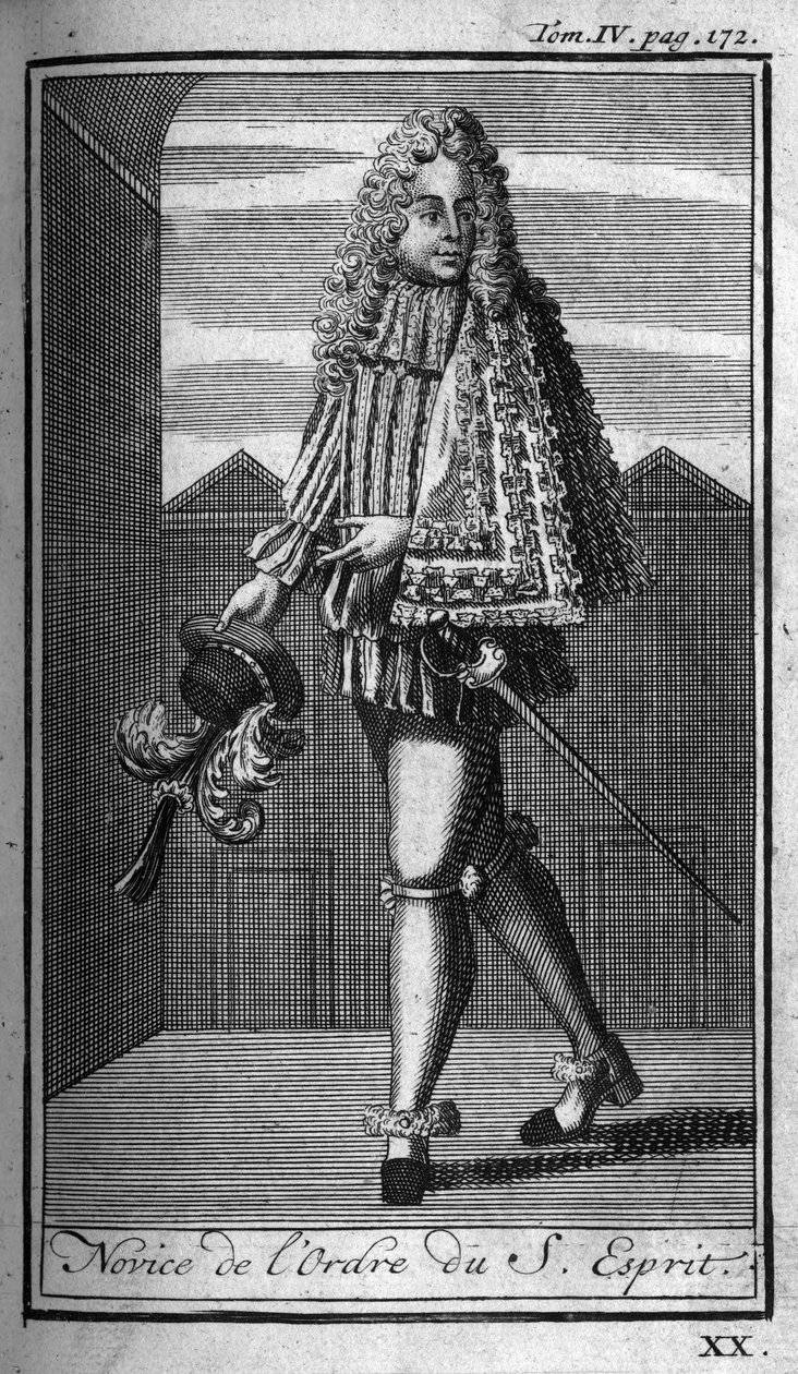 Ridderordener. Nybegynder af Helligånden (Helligåndens Orden) i Frankrig i det 16. århundrede. I "" Historien om militære ordener eller riddere, om de sikre og rutineprægede militser af begge køn, som er blevet etableret indtil videre. Udgave taget fra Abb af Unknown artist