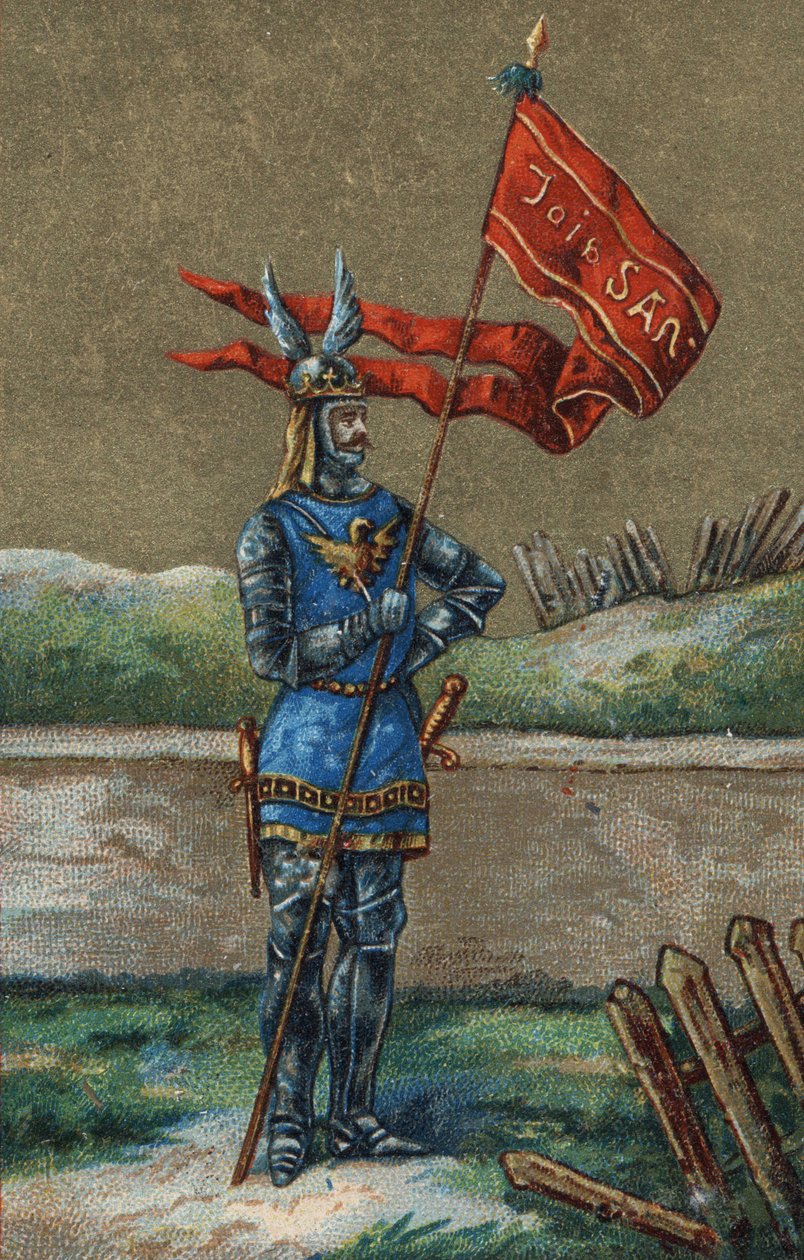Oriflame eller banner af kong af Frankrig Charles V (1364-1380). 1800-tallets kromolitografi. af Unknown artist