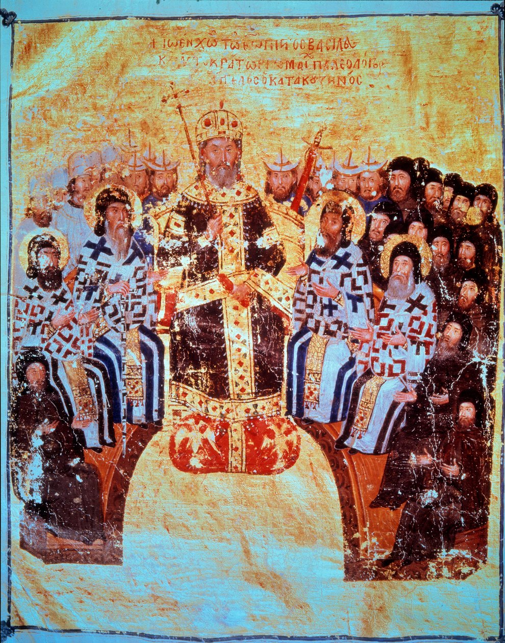Ortodokse religion: "" Den byzantinske kejser Johannes VI Cantacuzene (1293-1354) præsiderer over Konstantinopels råd af 18/05/1351"" Miniature taget fra "" Theological Works"" 1370-1375 Paris, B.N. af Unknown artist