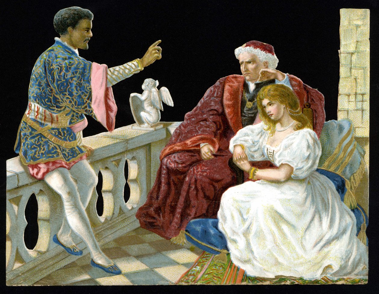 Othello, Desdemona og Iago - i Othello eller Moor of Venice”” af Shakespeare (1604). Kromolitografi fra det 19. århundrede." af Unknown artist