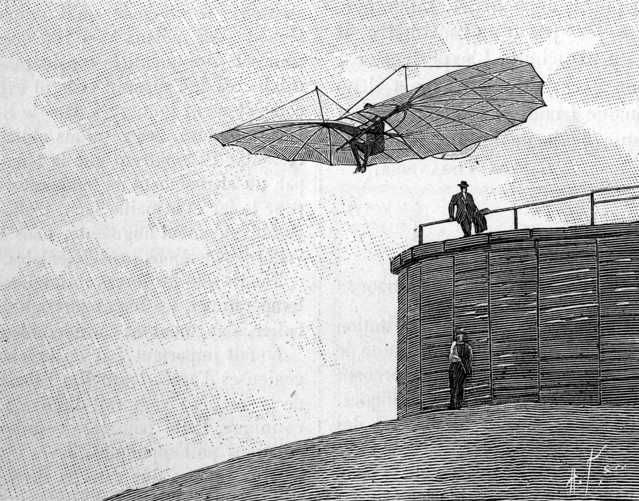 Otto Lilienthal (1848-1896), tysk luftfartspioner, der springer fra sit trætårn med sit flyvende fly (fra et øjeblikkeligt fotografi). Indgravering i "" La Nature: revue des sciences et de leurs applications aux arts et a l