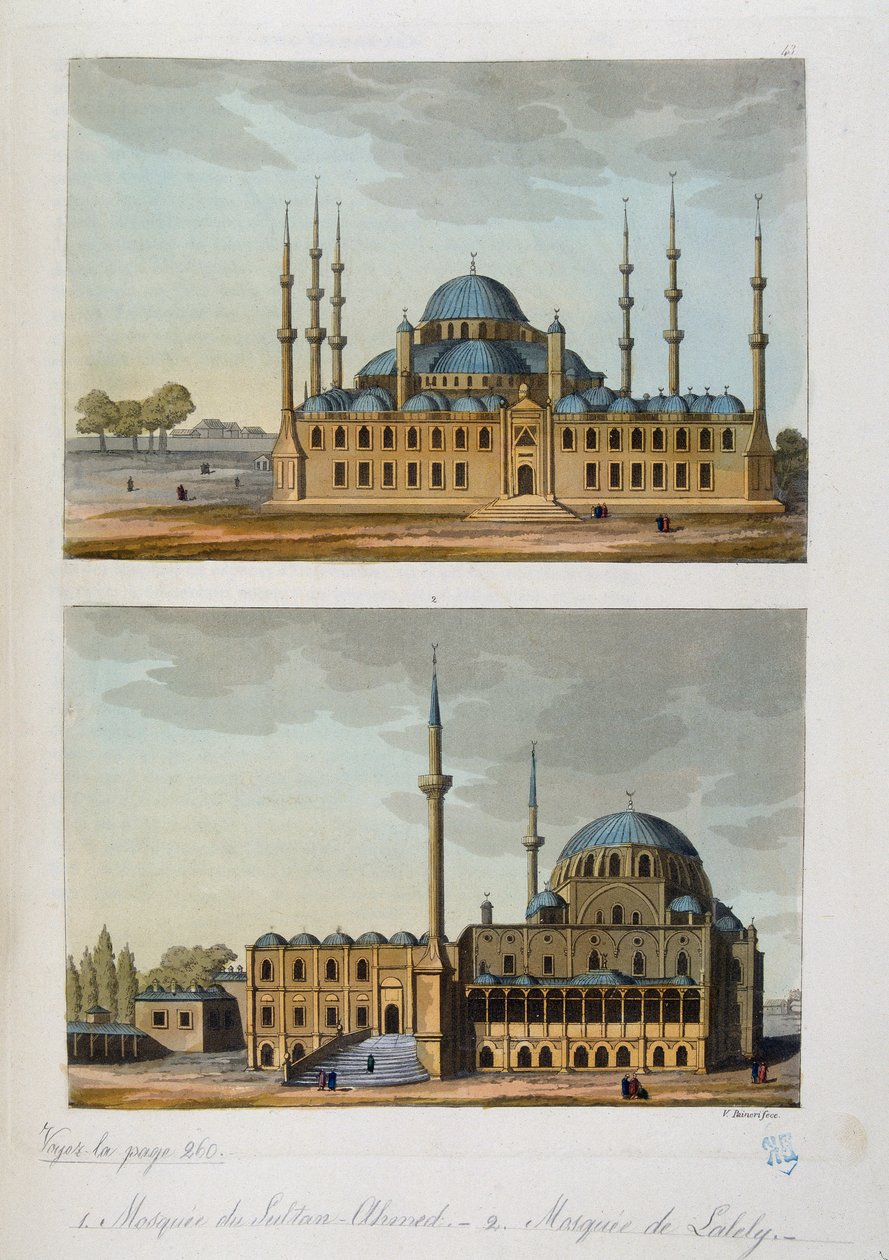 Det Osmanniske Rige: Blå moské (eller Sultanahmet Camii) bygget af Sultan Ahmet (Ahmed) I og Laleli-moskeen i Istanbul - i "" Den antikke og moderne kostume""" af Ferrario, ed Milan af Unknown artist