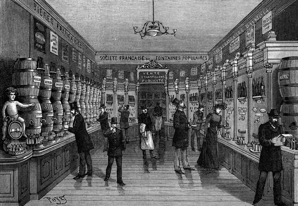 Oversigt over en bar med automater, rue Montmartre, i Paris. Indgravering i "" Nature: gennemgang af videnskaberne og deres anvendelser på kunst og industri "" af 7. november 1891. af Unknown artist