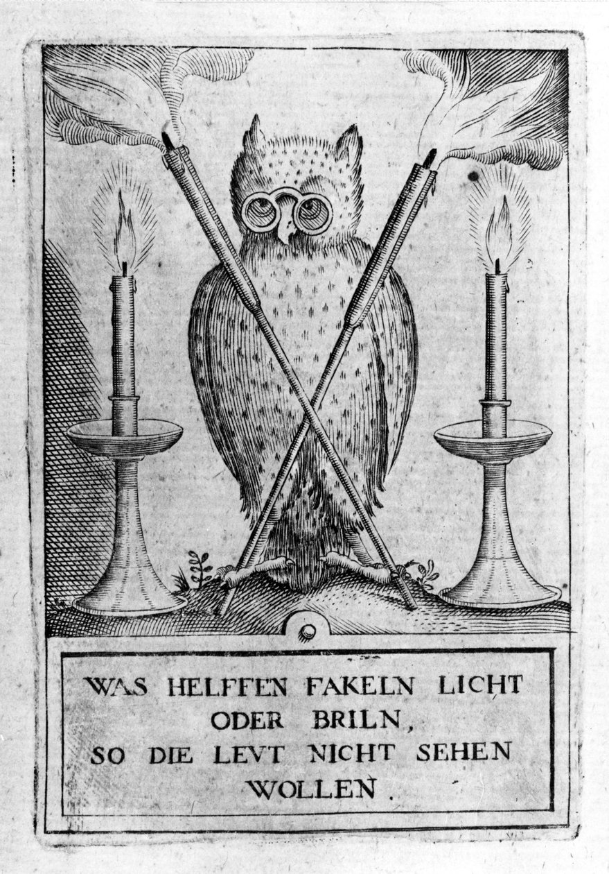 Ugle med briller, symbol på visdom. Indgravering af "Amphitheatrum sapientiae aeternae". (Amfiteater for evig visdom) (Hamburg: n.n. af Unknown artist