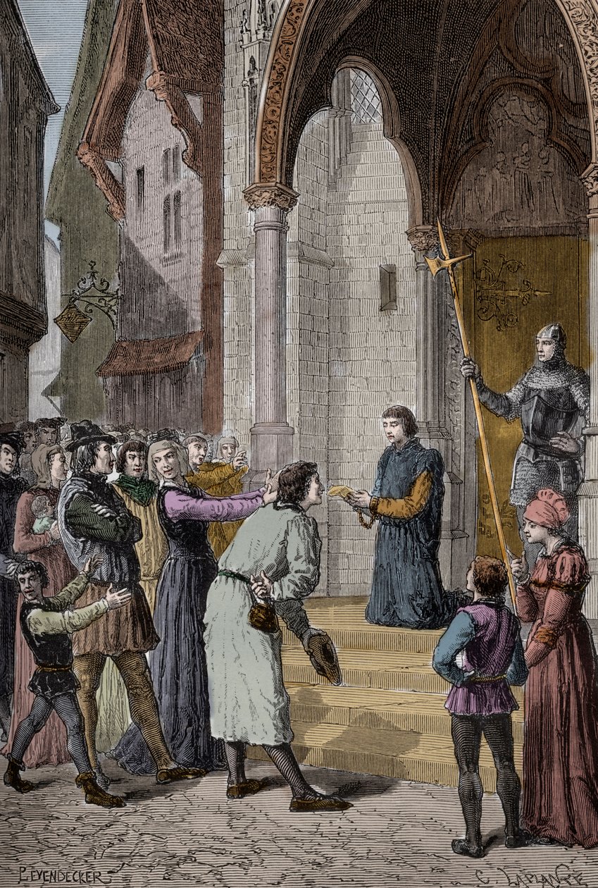 PERKIN WARBECK (c1474-1499) flamsk bedrager; udgav sig for at være Richard, hertug af York, den anden af Edward Ivs sønner - læser hans tilståelse uden for Westminster Hall, London af Unknown artist