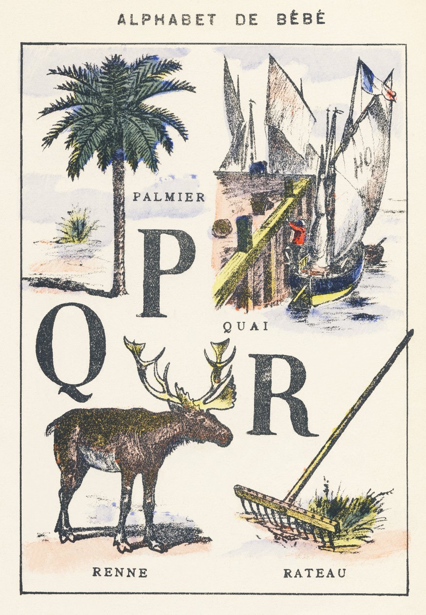 P Q R: palmetræ, havn, rensdyr, rive af Unknown artist