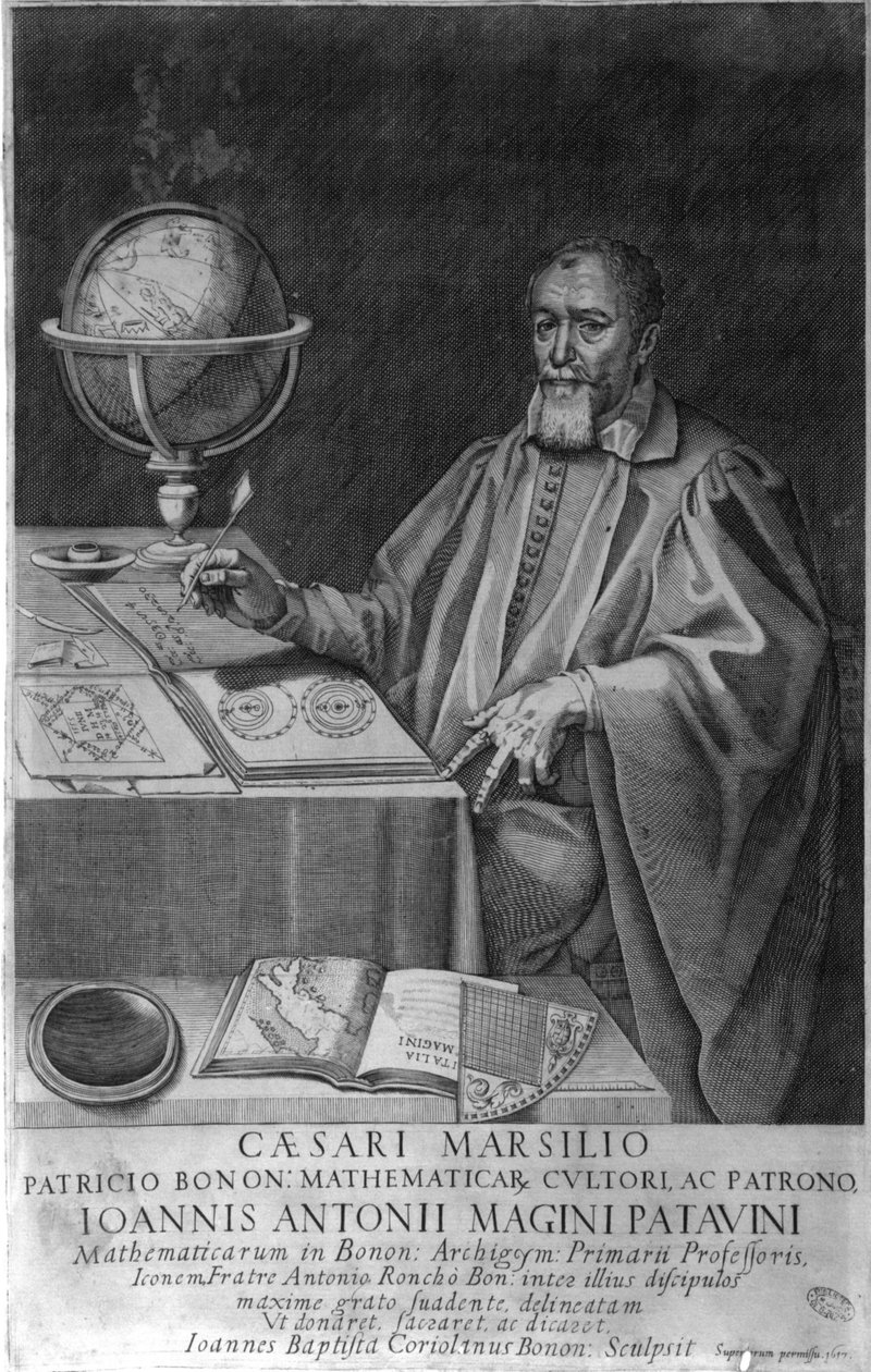 Padova Giovanni Luciano Magini (Antonius Maginus på latin), matematiker og astronom fra det 16-17. århundrede på sit kontor med astronomapparater. Indgravering 1617. af Unknown artist