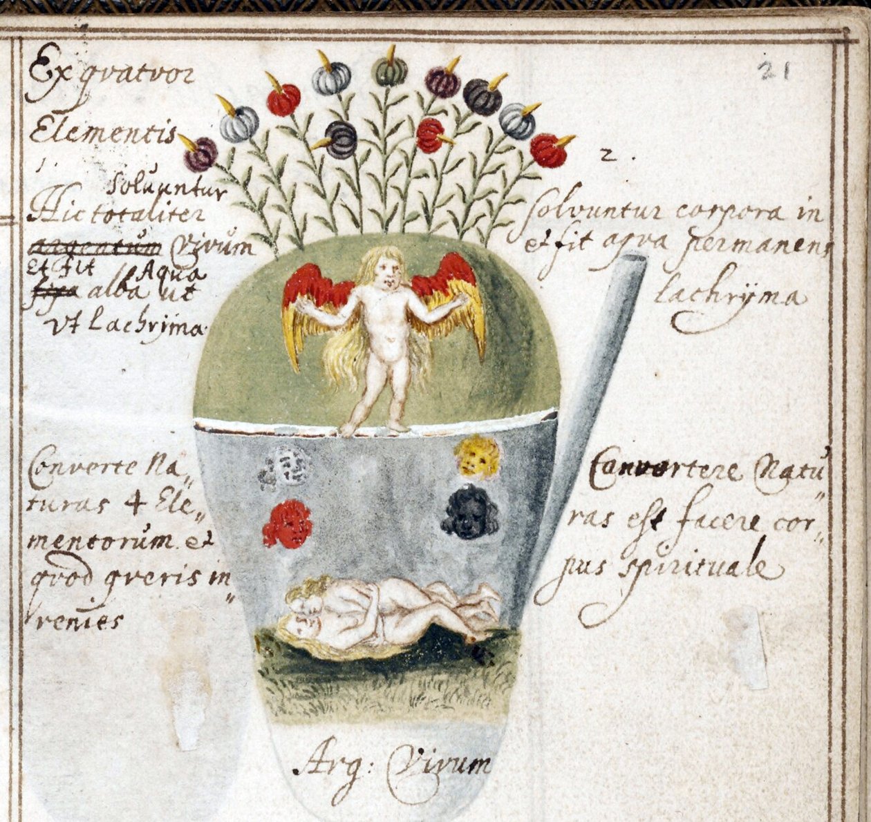 Side fra en alkymi-notesbog, et par og en engel - Værk af Johann Grasshoff (Grasshof eller Grasse) (1560-1623), akvarel på pergament (14,6x10 cm), ca. 1620 - (Alkymisk notesbog, Akvarel på pergament af J. Grasshoff , ca. 1620) - Yale University, Ne af Unknown artist
