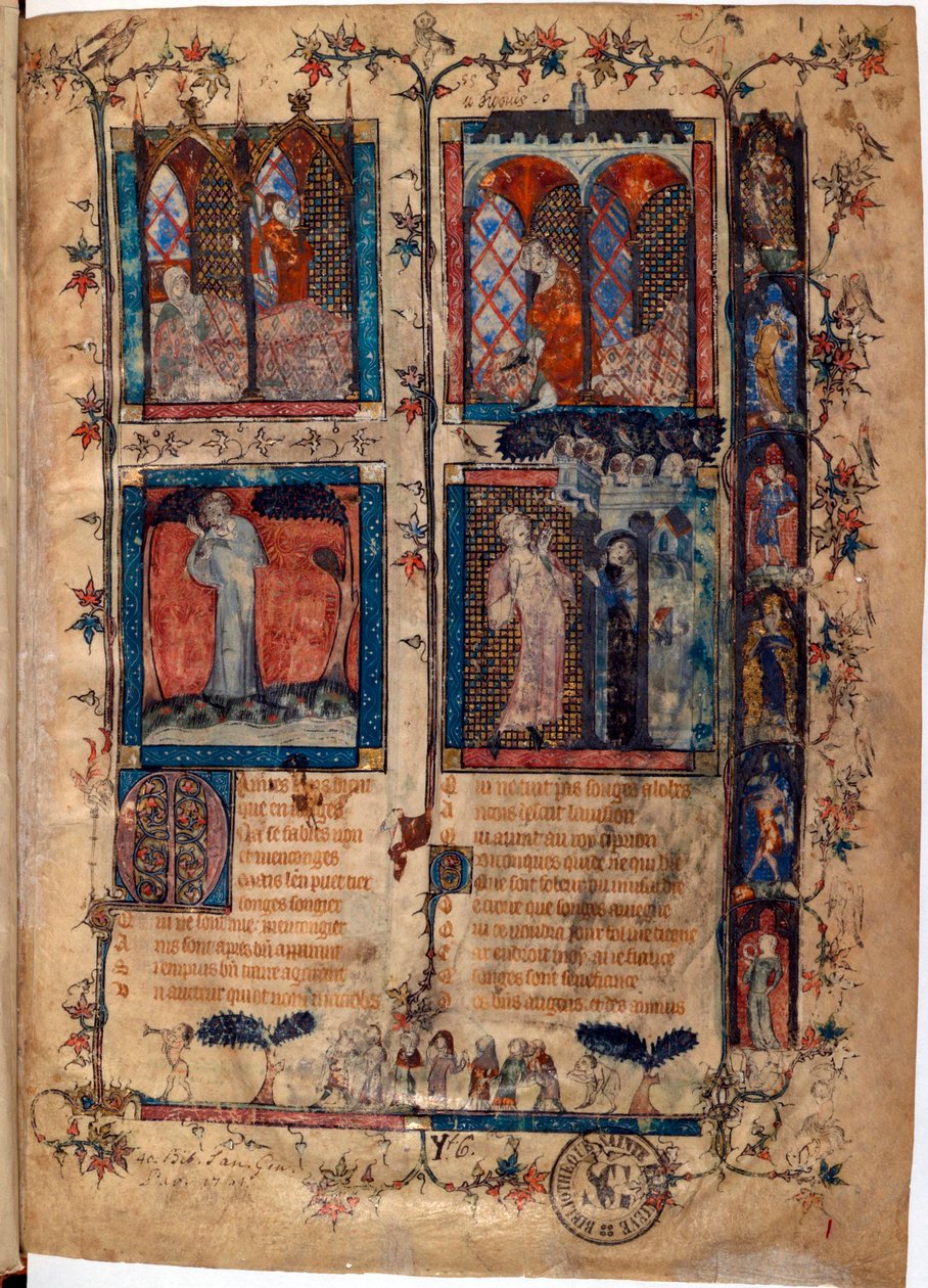 Oplyst side fra manuskriptet ""Le Roman de la Rose"" af Guillaume de Lorris (ca. 1200-1238) og Jean de Meun (Meung) (1240-1305) ca. 1353 Schweiz Bibliotheque de Geneve af Unknown artist