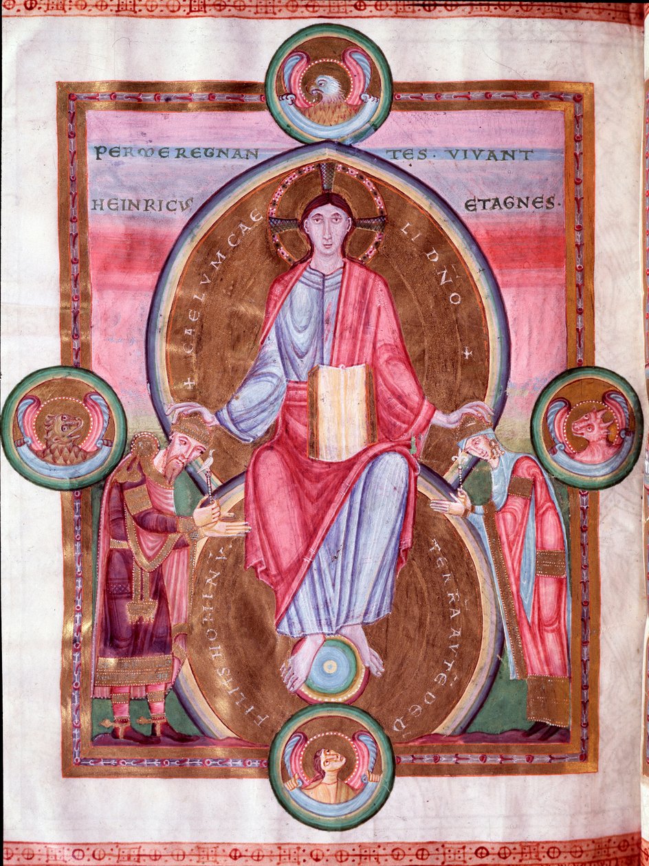 Side af Kejserens Bibel: Kristus omgivet af tetramorfen mellem kejser Henrik III og hans kone Agnes af Poitou (miniature af Unknown artist