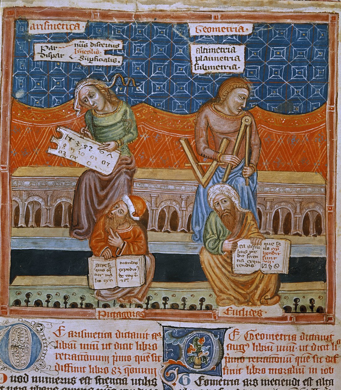 Side af et manuskript, der repræsenterer allegorierne for aritmetik og geometri (manuskript) af Unknown artist