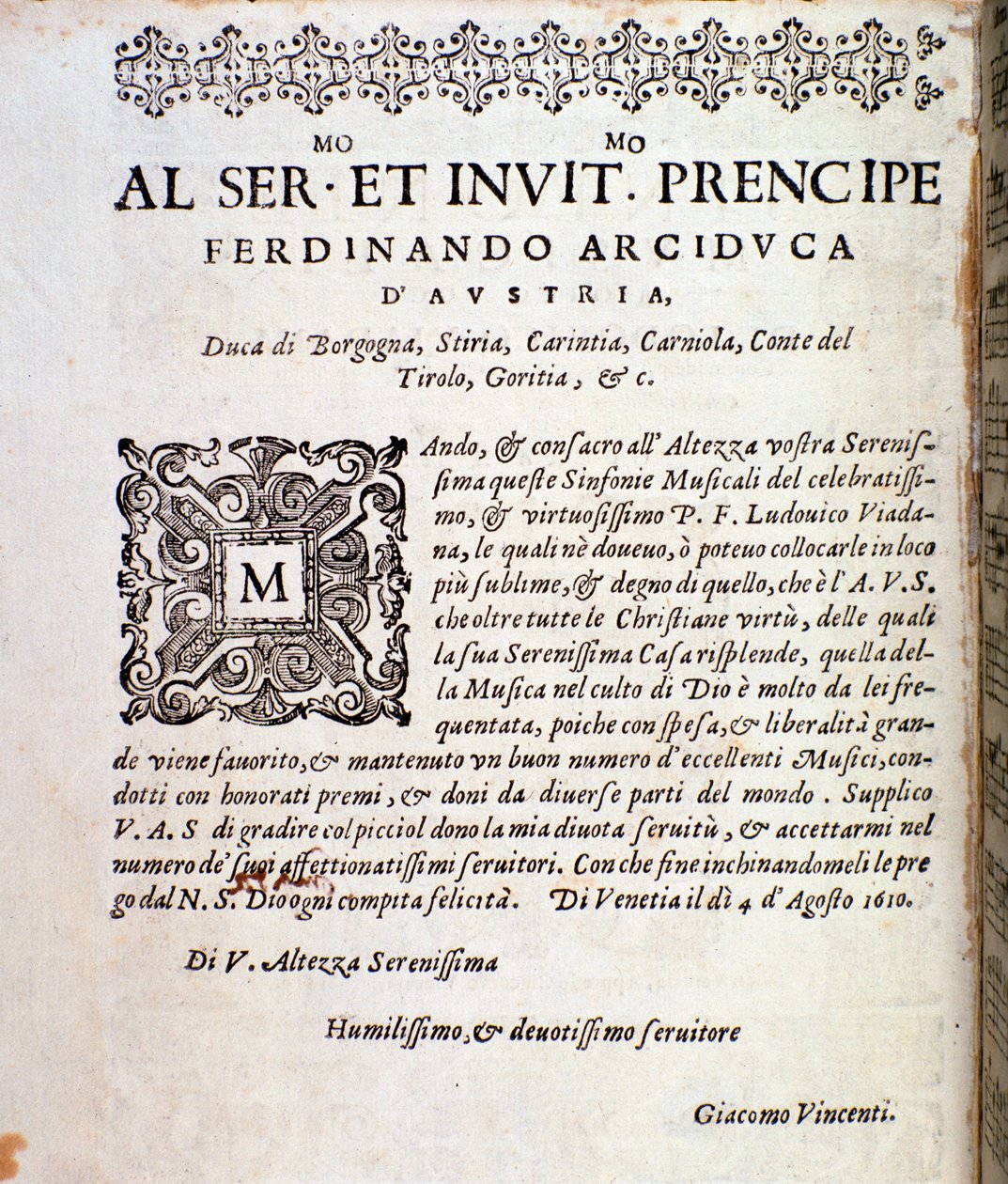 Side med dedikation til Ferdinand af Østrig i musikpartitur af symfonier af Ludovico Viadana af Unknown artist