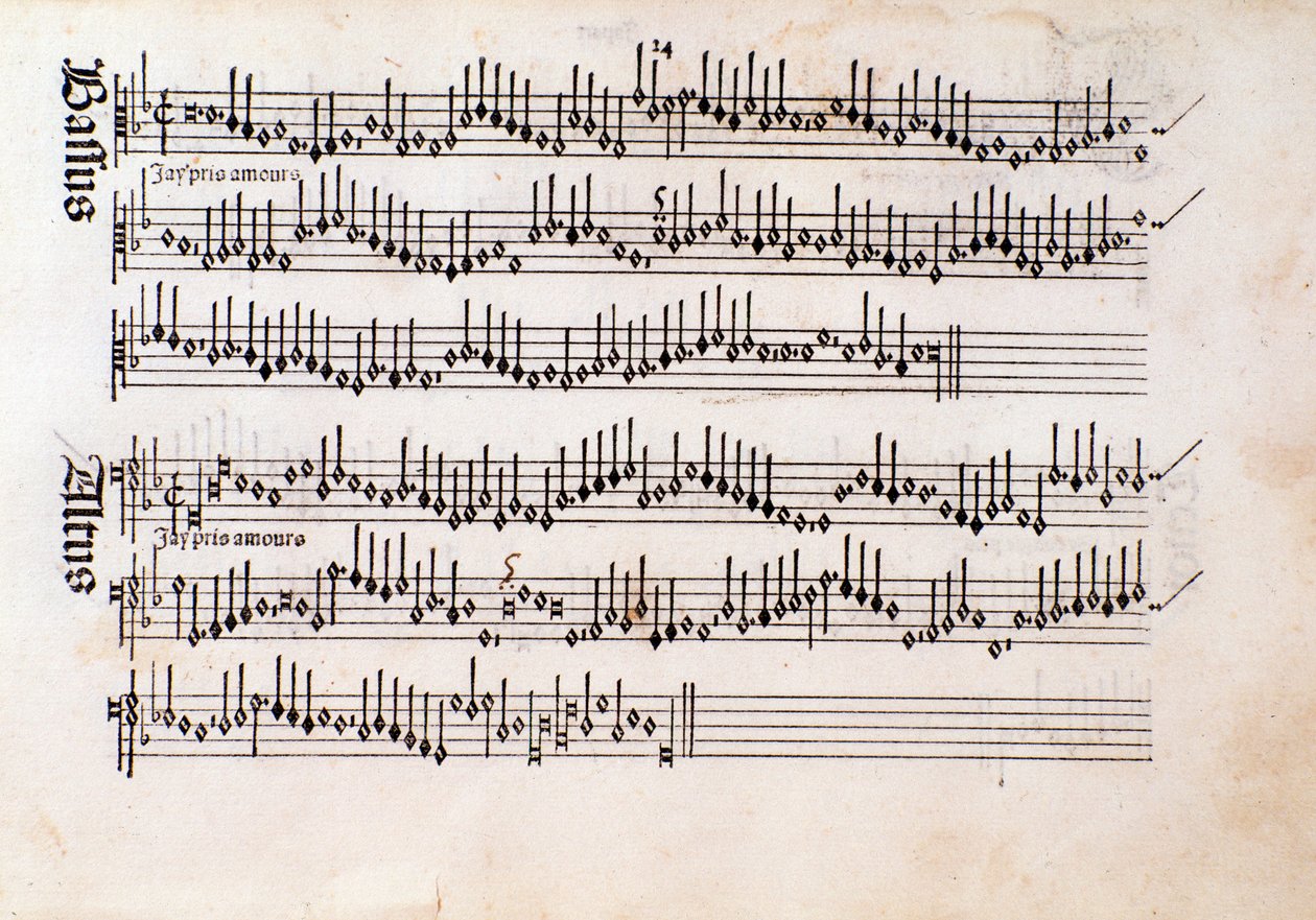 Side med partitur af Harmonice Musices Odhecaton af Ottaviano Petrucci (1501) af Unknown artist