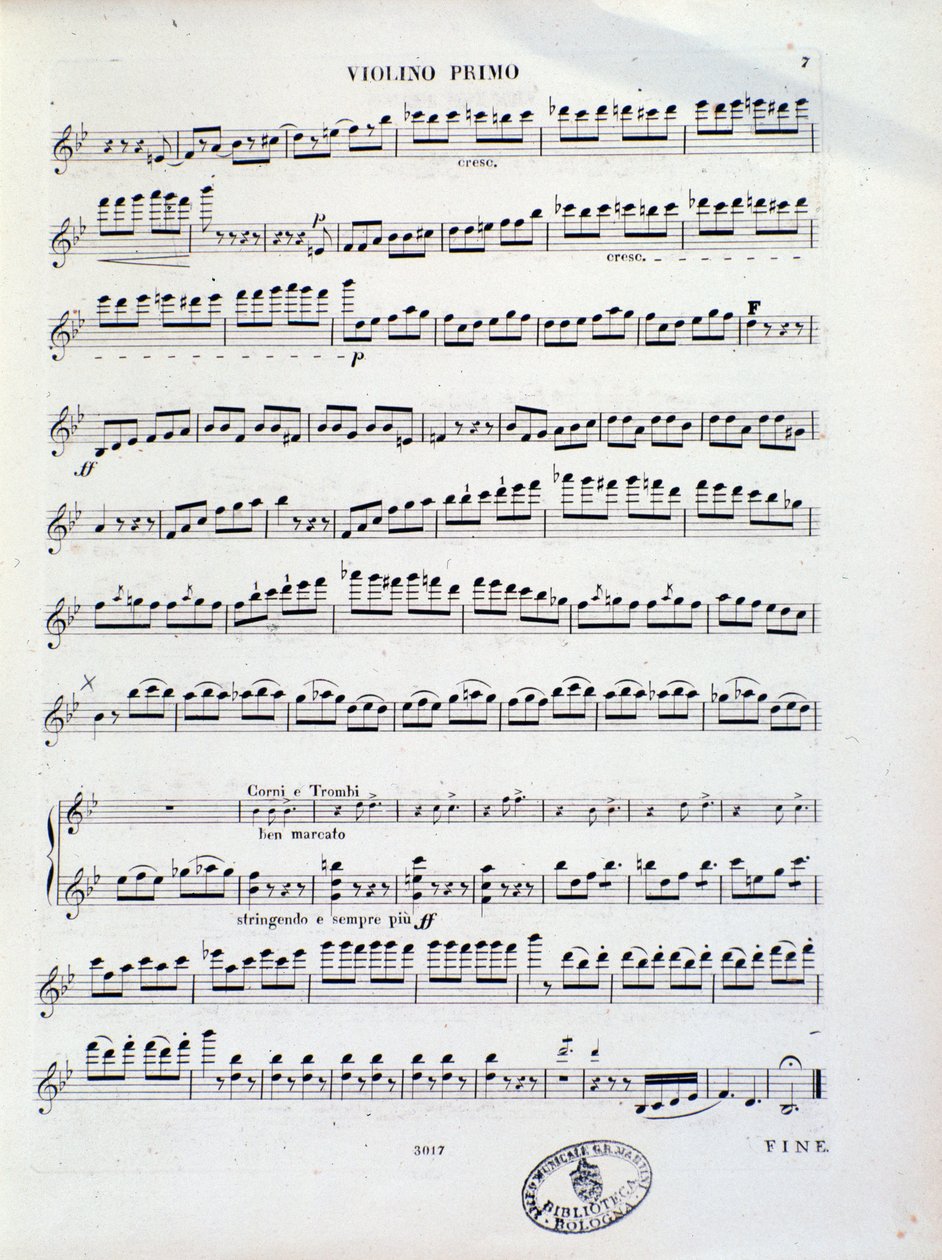 Side med partitur af første violin til ouverture nr. 11 af Kalliwoda af Unknown artist