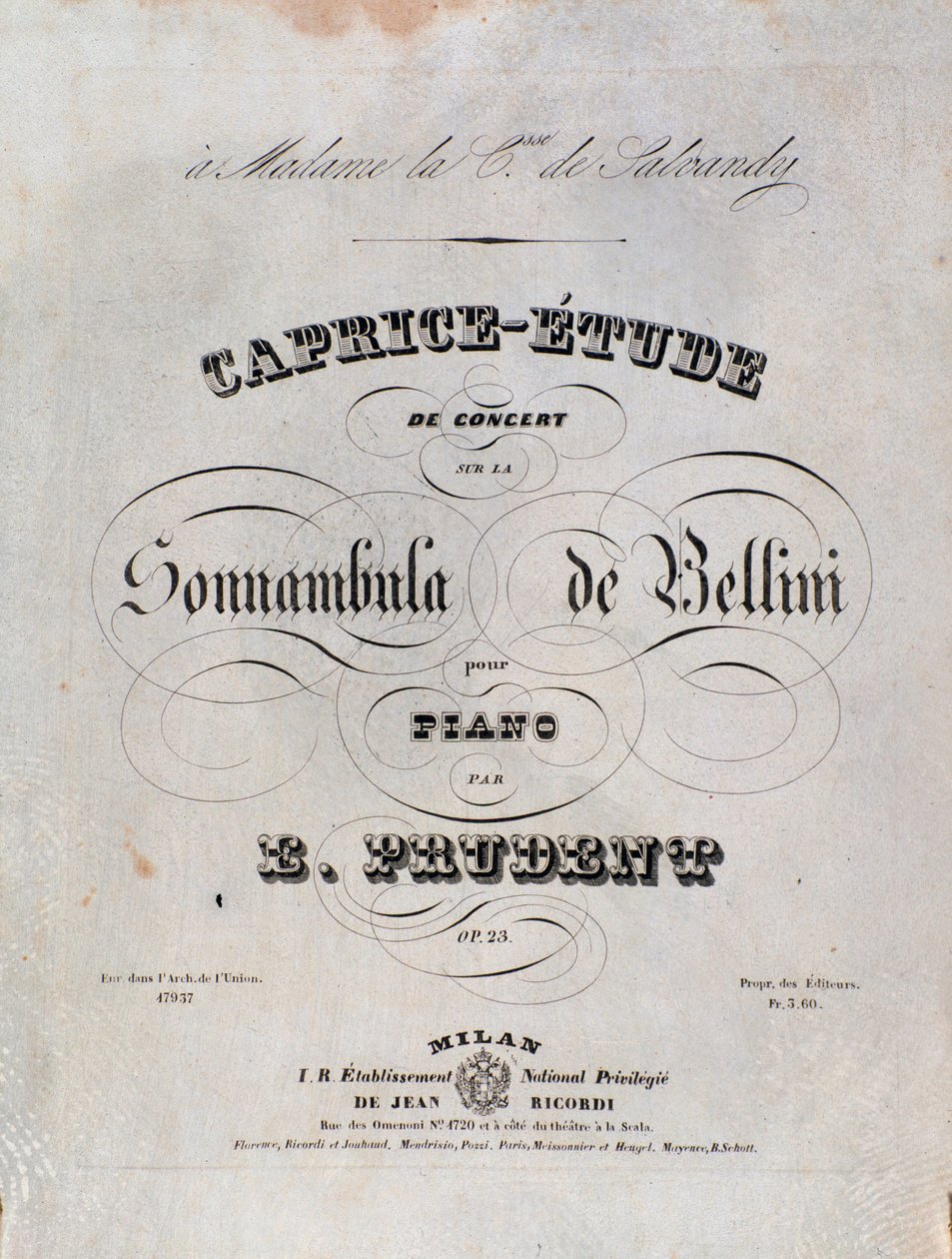 Side med noderne til et Caprice-studie for klaver af Emile Prudent baseret på La sonnambula af Vincenzo Bellini af Unknown artist