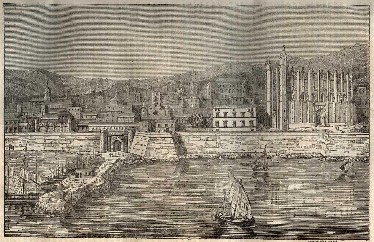 Palma de Mallorca, Mallorca (Majorca), Baleariske Øer - gravering 1837 af Unknown artist