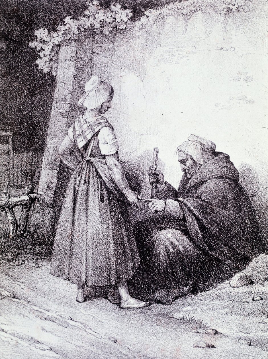 Palmistry: en gammel spåkone læser en ung piges hånd (gravering) af Unknown artist