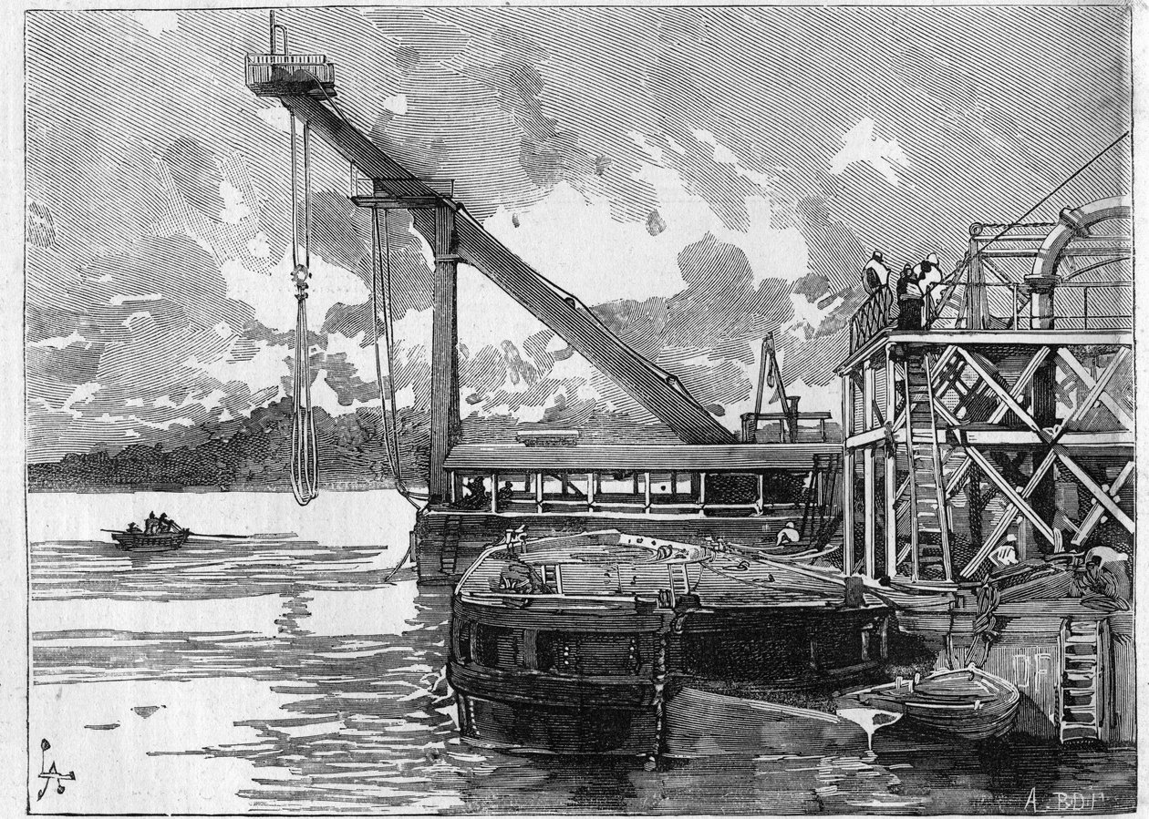 Panamakanalen fungerer. Hovedmaskiner: Bigue-pontonen. Gravering i "" Le Monde Illustré"" af Unknown artist
