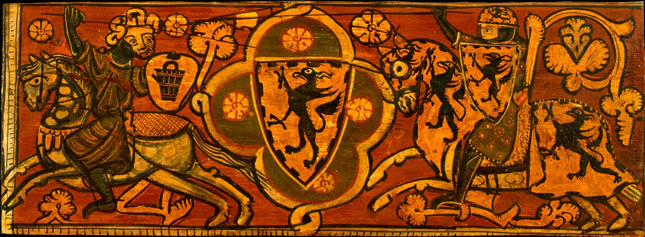 Panel, der repræsenterer en kamp mellem en kristen ridder og en muslimsk ridder - Loftspanel med en kamp mellem en kristen ridder og en muslim - Anonym - ca. 1300 - Tempera på panel - 24,2x66,3 - Museu Nacional d