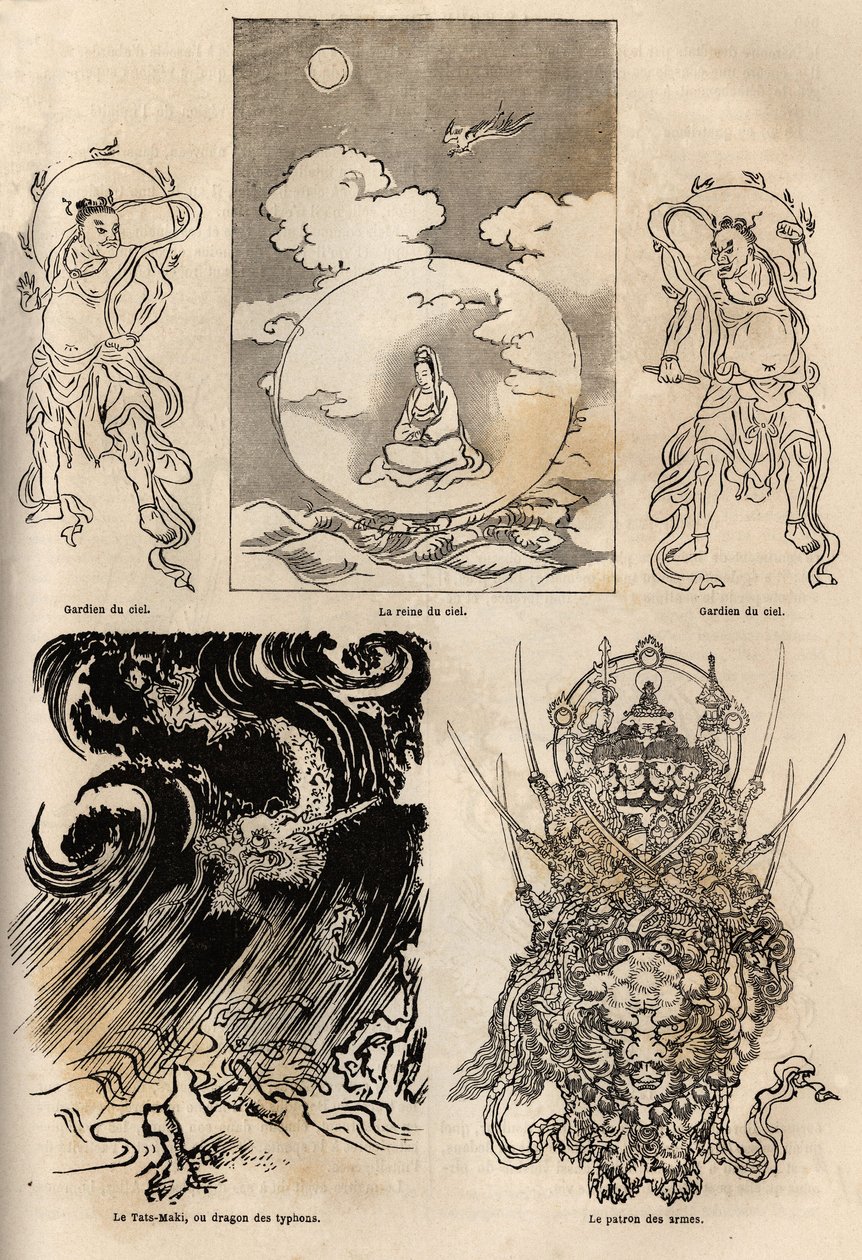 Pantheon af japanske guddomme, traditionel repræsentation af nogle typiske figurer: himlens dronning flankeret af to vagter; Maki Tats, tyfonens drage og våbenbossen. Gravering til illustration af rejsen til Japan i 1863-1864, af Aime Humbert, m. af Unknown artist