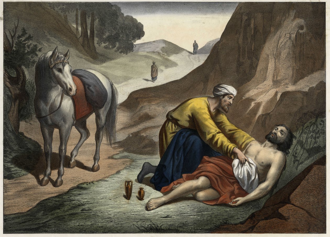 Lignelsen om den barmhjertige samaritaner - Lignelsen om den barmhjertige samaritaner: samaritaneren stoppede på vej for at redde den døende mand. Anonym stik fra midten af 1800-tallet. af Unknown artist