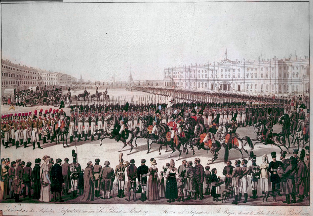 Parade af det russiske infanteri. Tryk fra begyndelsen af 1800-tallet. af Unknown artist