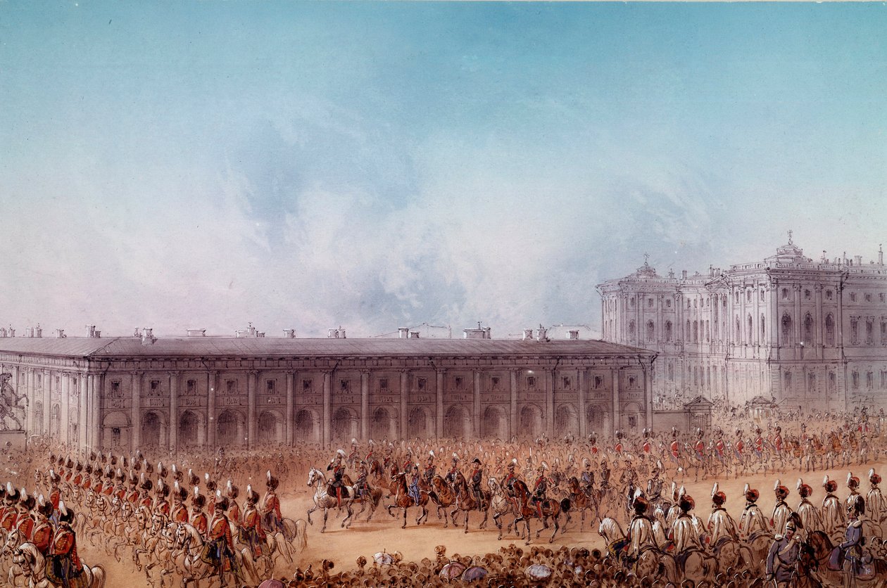 Parade med Alexander II foran Anetchkoff-paladset i Skt. Petersborg i 1856. Illustration af Karl den Store (1800-tallet) Sankt Petersborg. Chateau De Peterhof af Unknown artist