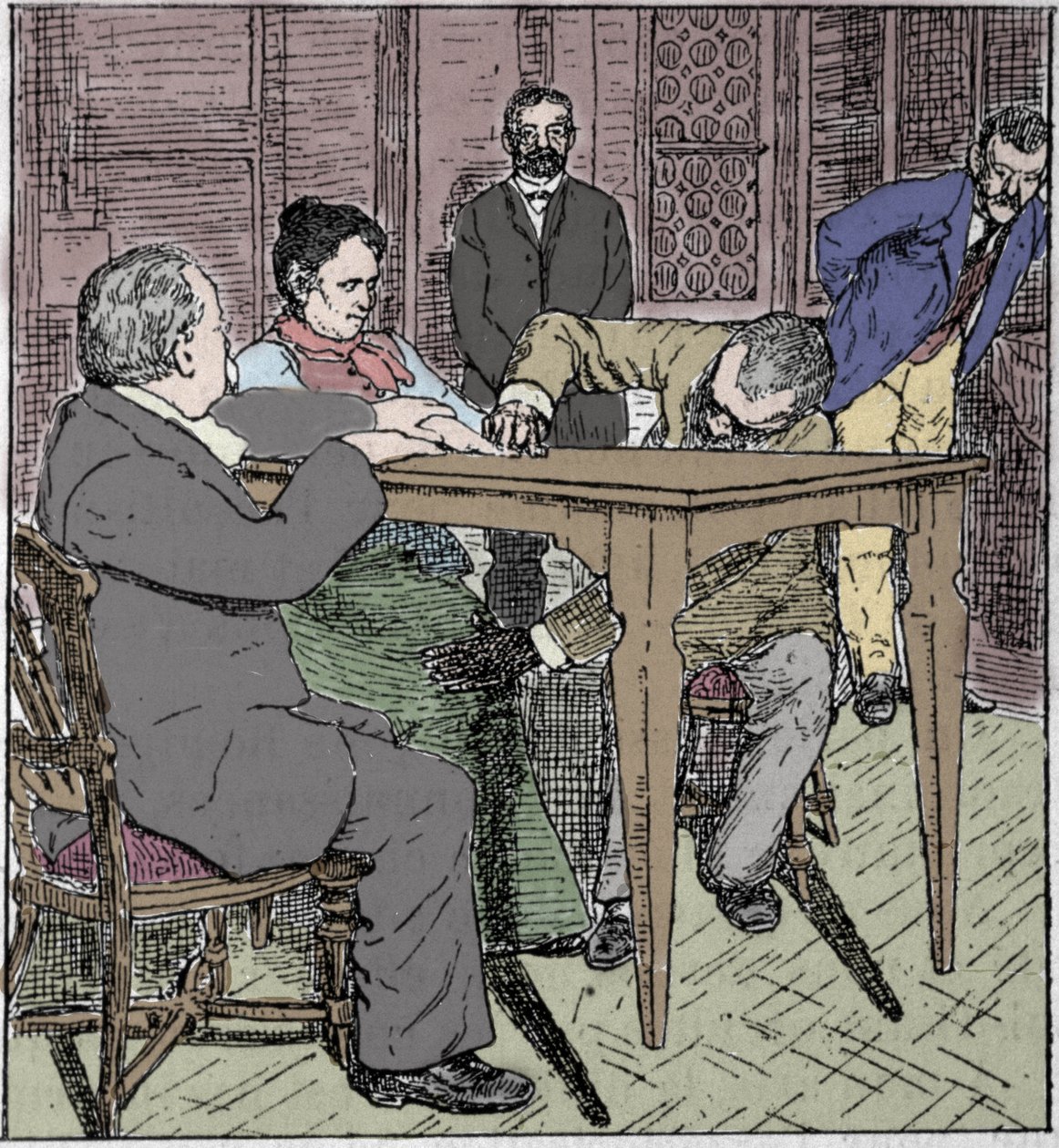 Paranormale fænomener: oplevelse af at hæve et bord i Milano i 1892 i nærværelse af mediet Eusapia Paladino og Cesare Lombroso (1835-1909) og Charles Richet (1835-1909). af Unknown artist