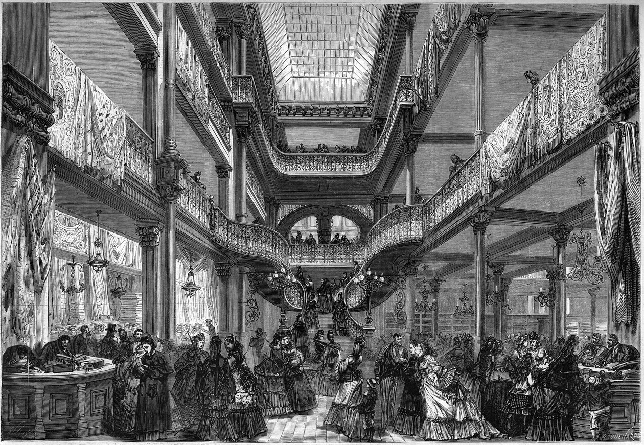 Paris 1872: interiør af nye butikker, ""Billigt"". af Unknown artist