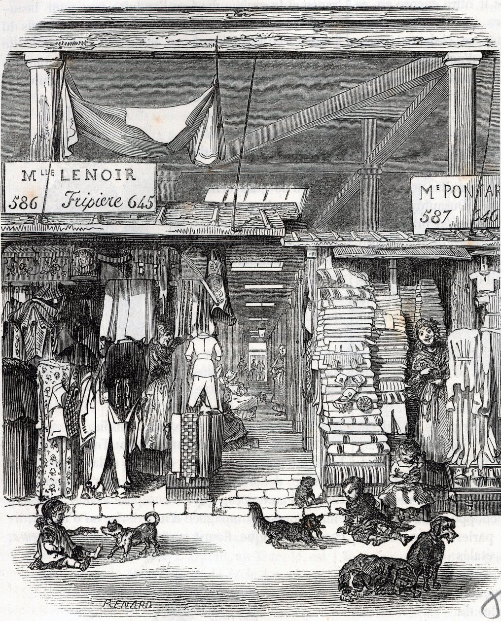 Paris 3. arrondissement - Carre de Flore: linned i Carreau du Temple i det 19. århundrede - Indgravering i "" Tableau-de-Paris"" af Edmond Texier af Unknown artist