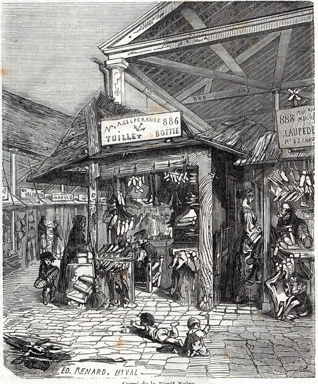Paris 3. arrondissement - Carre de la Foret-Noire: salg af læder og sko i Le Carreau du Temple i det 19. århundrede - Indgravering i "" Tableau-de-Paris"" af Edmond Texier af Unknown artist