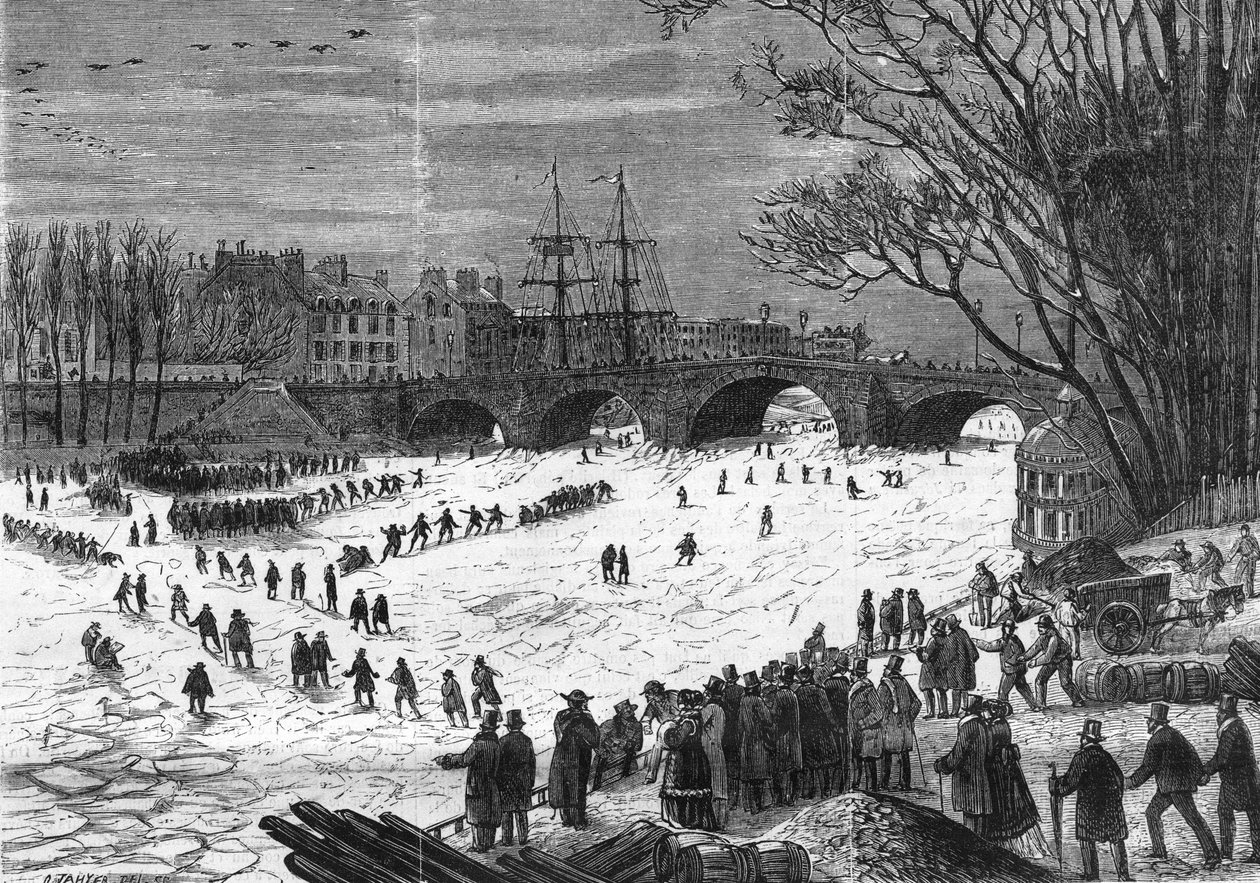 Paris januar 1868: La Seine fanget af isen på højde med Pont - Neuf. af Unknown artist
