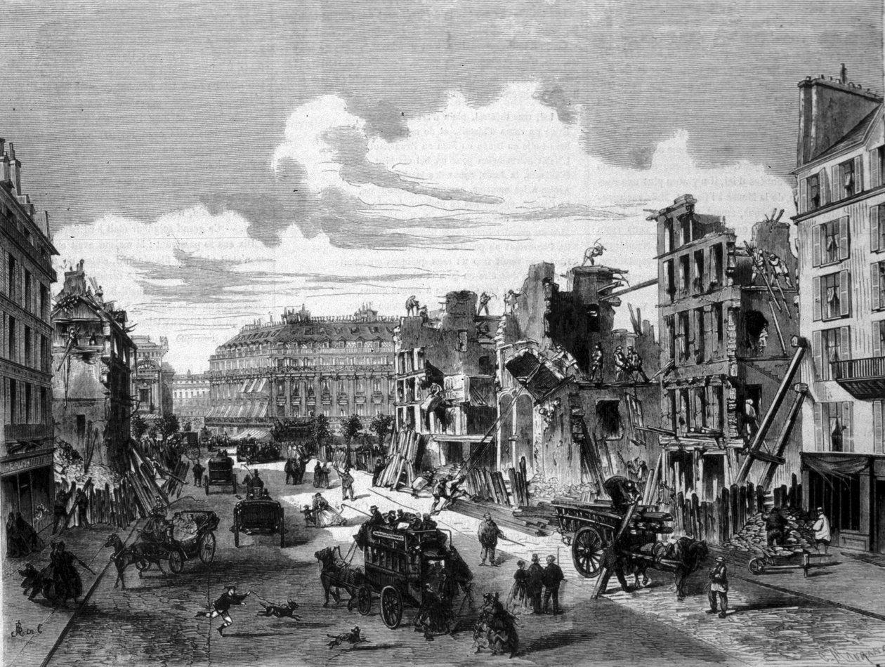 Paris, nedrivning rue de la Paix til åbningen af rue de Reaumur. 1868. Stik af 1800-tallet. af Unknown artist