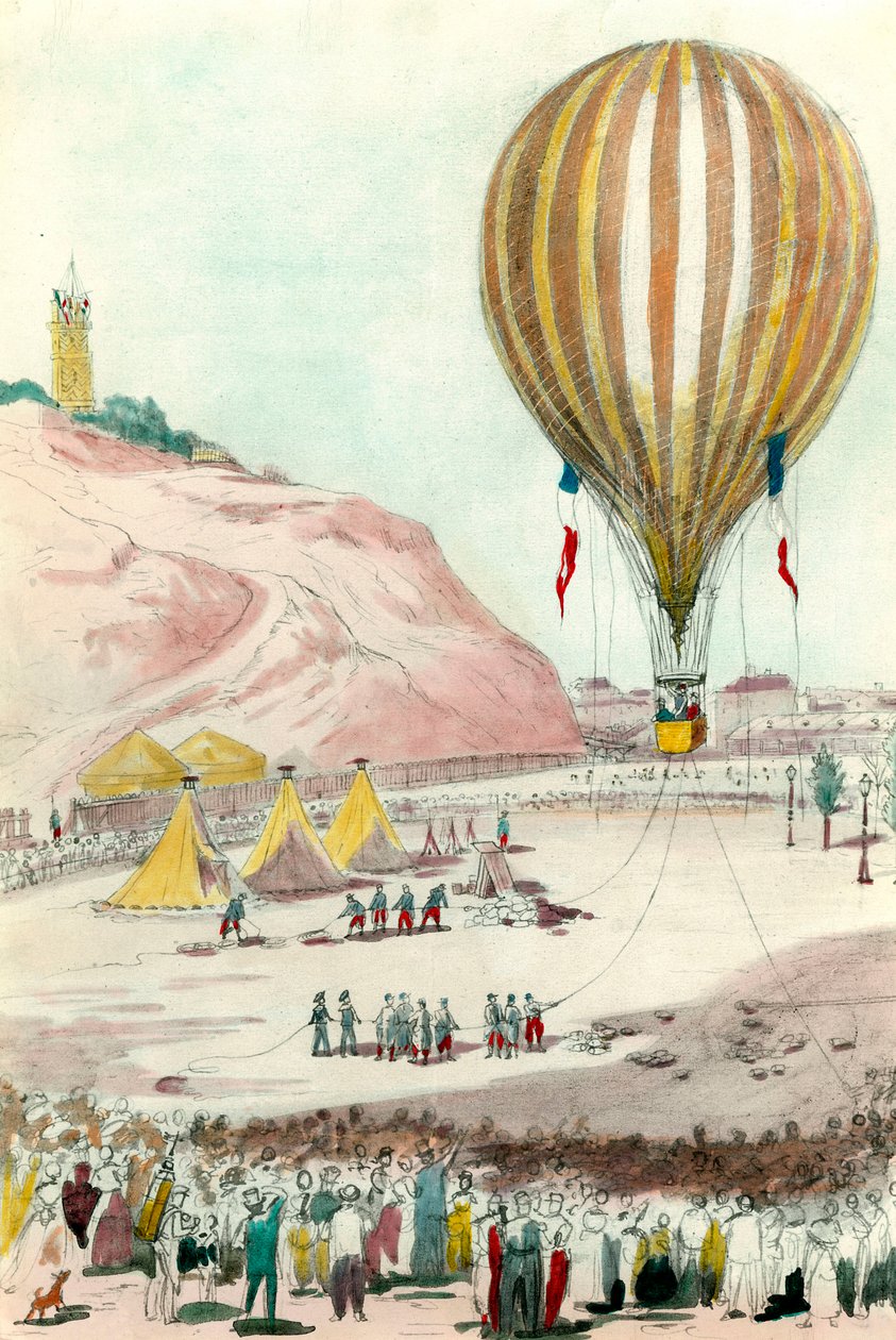 Paris hovedkvarter fra 1870: udsigt over en af ballonerne, der blev brugt til kommunikation med det ydre i Paris. Akvarel fra det 19. århundredes privatsamling af Unknown artist