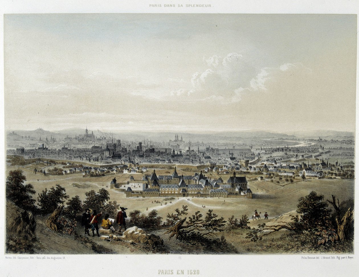 Paris i 1620, overblik taget fra Butte Chaumont - litografi af Unknown artist