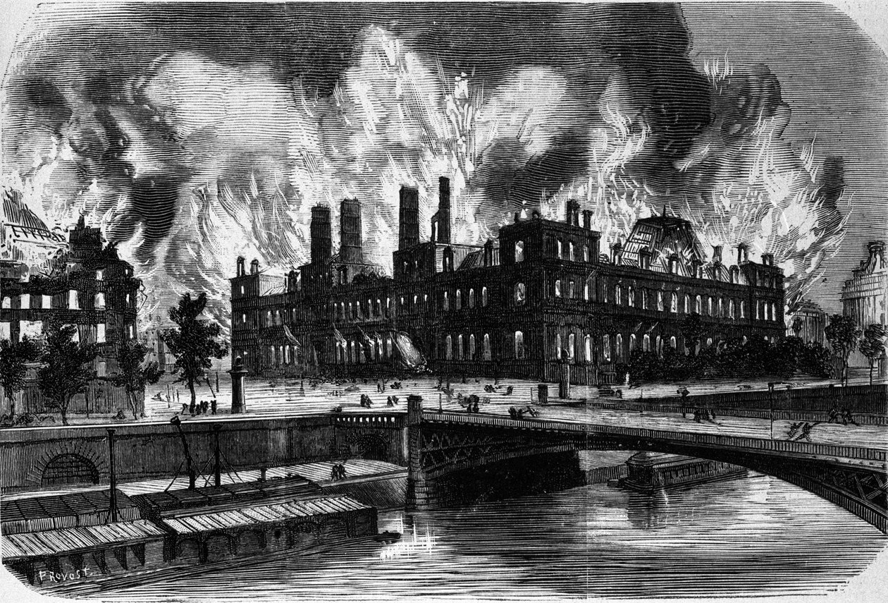 Paris, Kommunen. Brand på Hotel de Ville den 24. maj 1871. Indgravering af det 19. århundrede. af Unknown artist