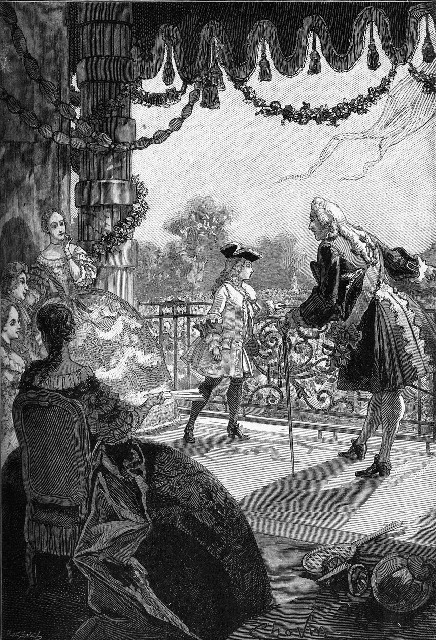 Paris, Tuilerierne (1721): Kongen af Frankrig Ludvig XV (1710 - 1774) viser sig selv på Tuileriernes balkon. Indgravering af det 19. århundrede. I "Histoire de France" af Jules Michelet af Unknown artist