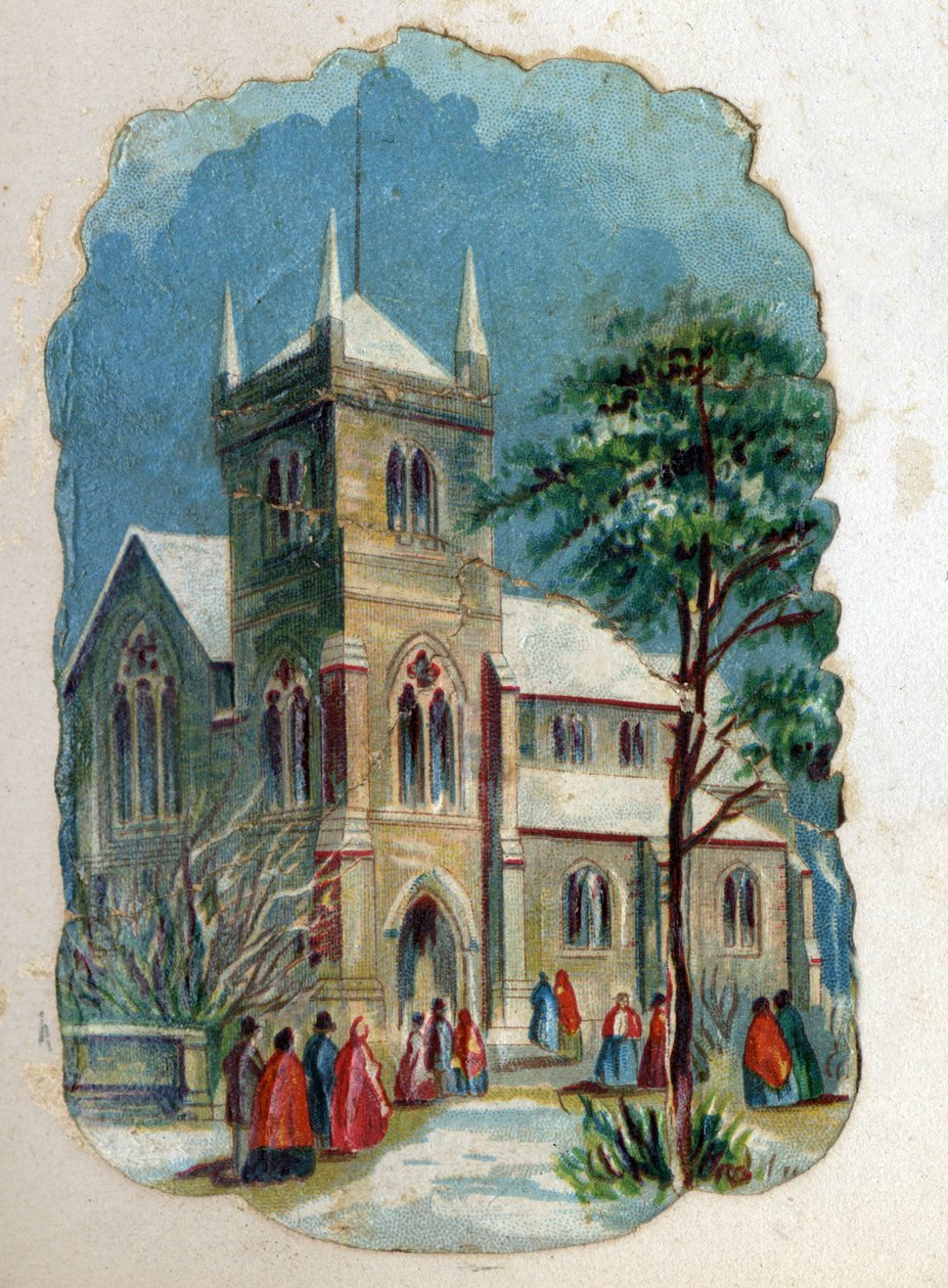 Sognebørn går i kirke til søndagsmesse. Kromolitografi omkring 1890. af Unknown artist