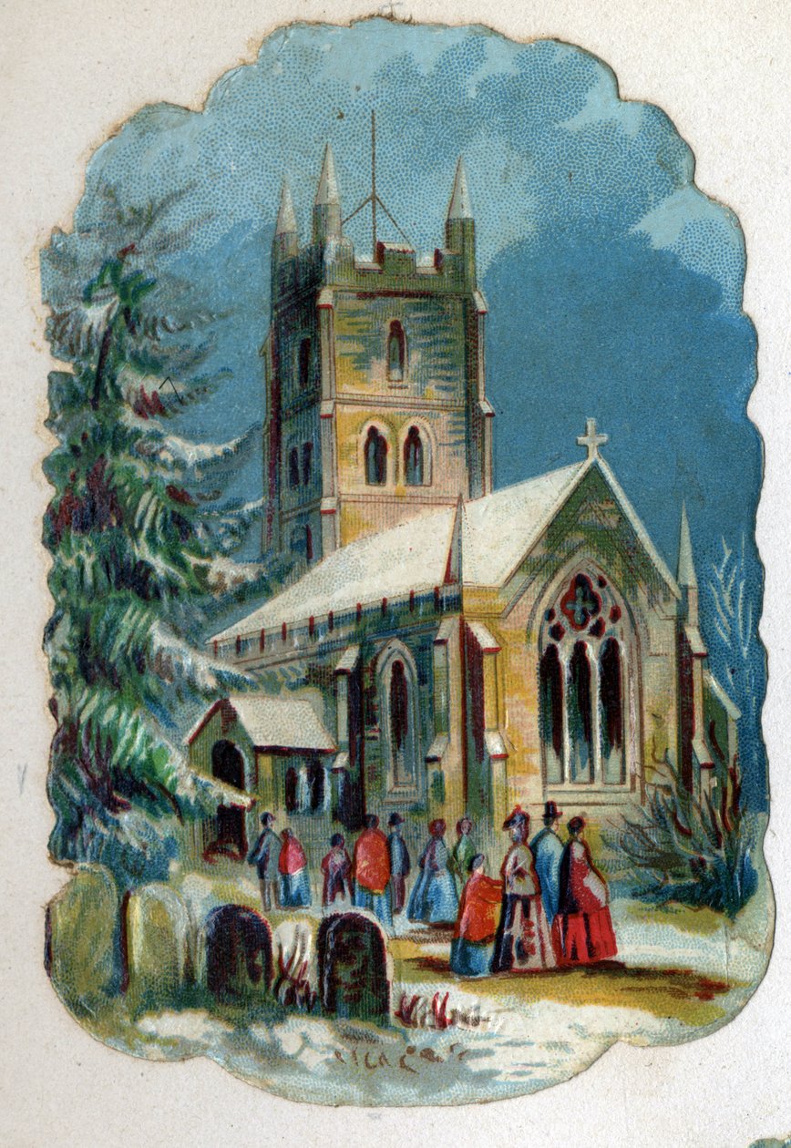 Sognebørn går i kirke til søndagsmesse. Kromolitografi omkring 1890. af Unknown artist