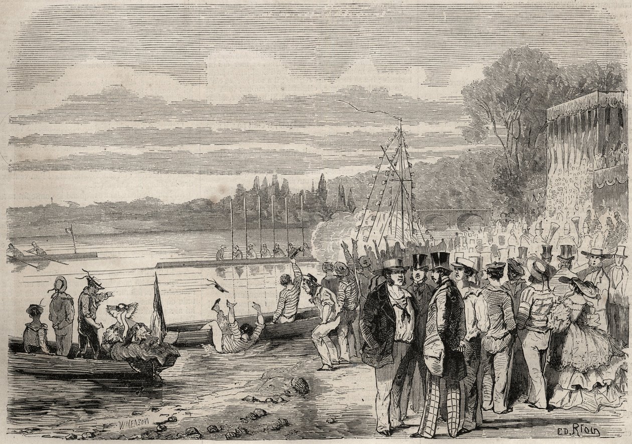 Parisiske kanosejlere. Regates de Saint-Cloud (Saint Cloud) i 1857. Indgravering i "Le Monde illustrious"" fra 1857. Privat samling. af Unknown artist
