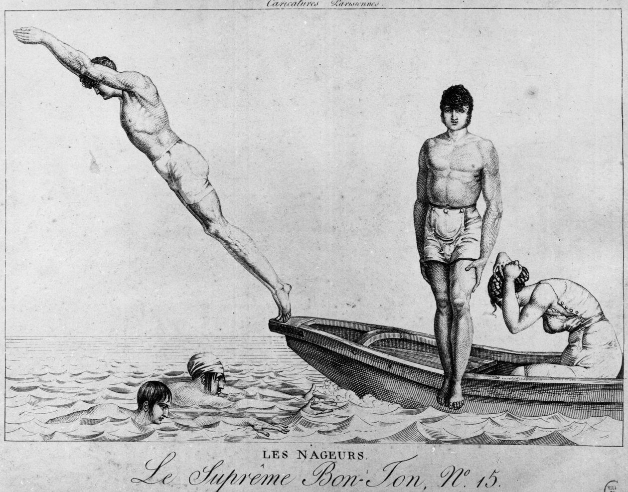 Parisisk tegneserie: svømmere, mænd, der dykker fra en båd - den suveræne Bon-Ton, nr. 15, Musee Carnavalet af Unknown artist